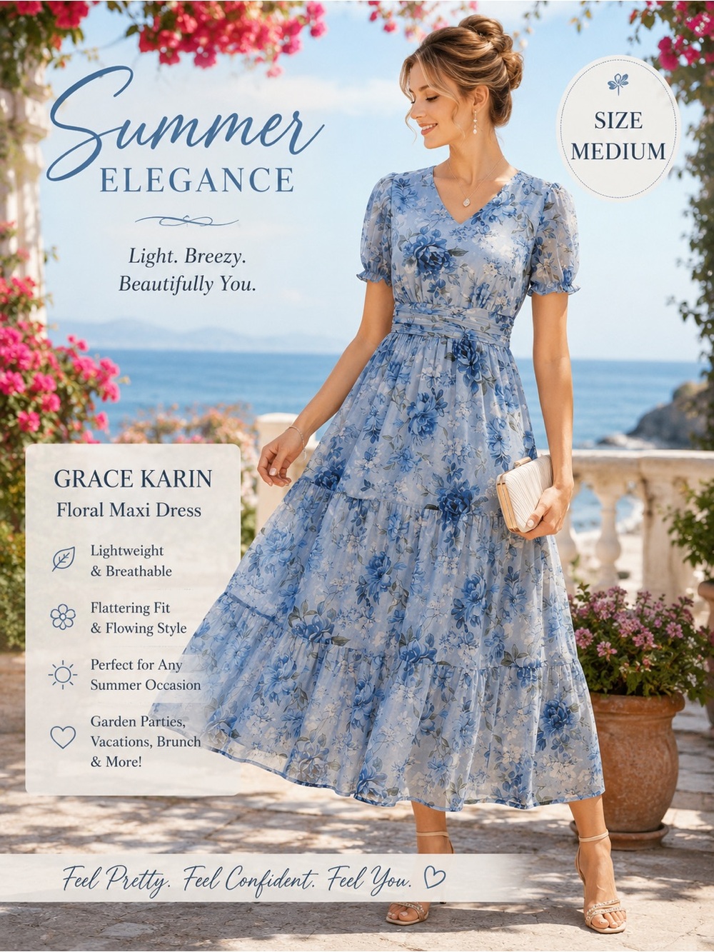 Grace Karin Light Blue Floral Maxi Dress with Tie Waist